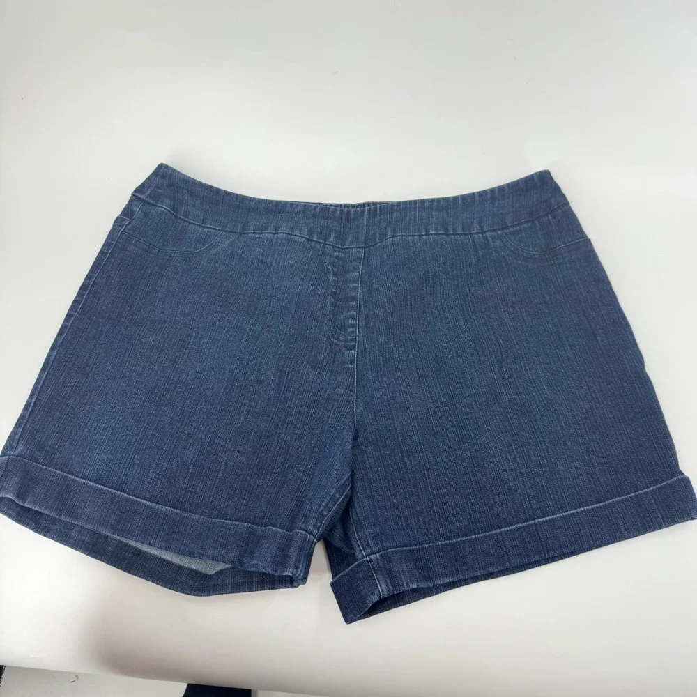 Soft Surroundings Dark Wash Pull‎ On Denim Shorts Cuffed Hem PXL Dark Indigo